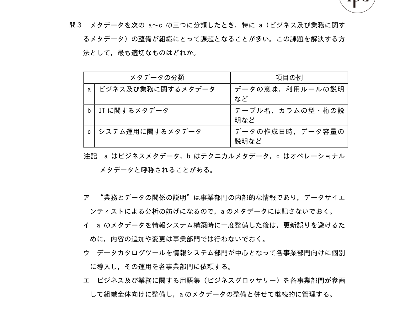 データマネジメント試験 科目A サンプル問題 問3。メタデータをビジネス・IT・システム運用の3つに分類し、ビジネスメタデータの整備の課題を解決する方法を問う問題