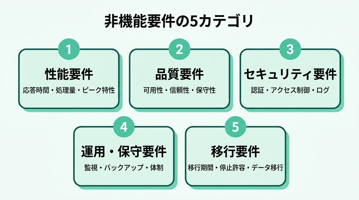 非機能要件の5カテゴリ。性能要件（応答時間・処理量）、品質要件（可用性・信頼性・保守性）、セキュリティ要件（認証・アクセス制御・ログ）、運用・保守要件（監視・バックアップ・体制）、移行要件（移行期間・停止許容・データ移行）