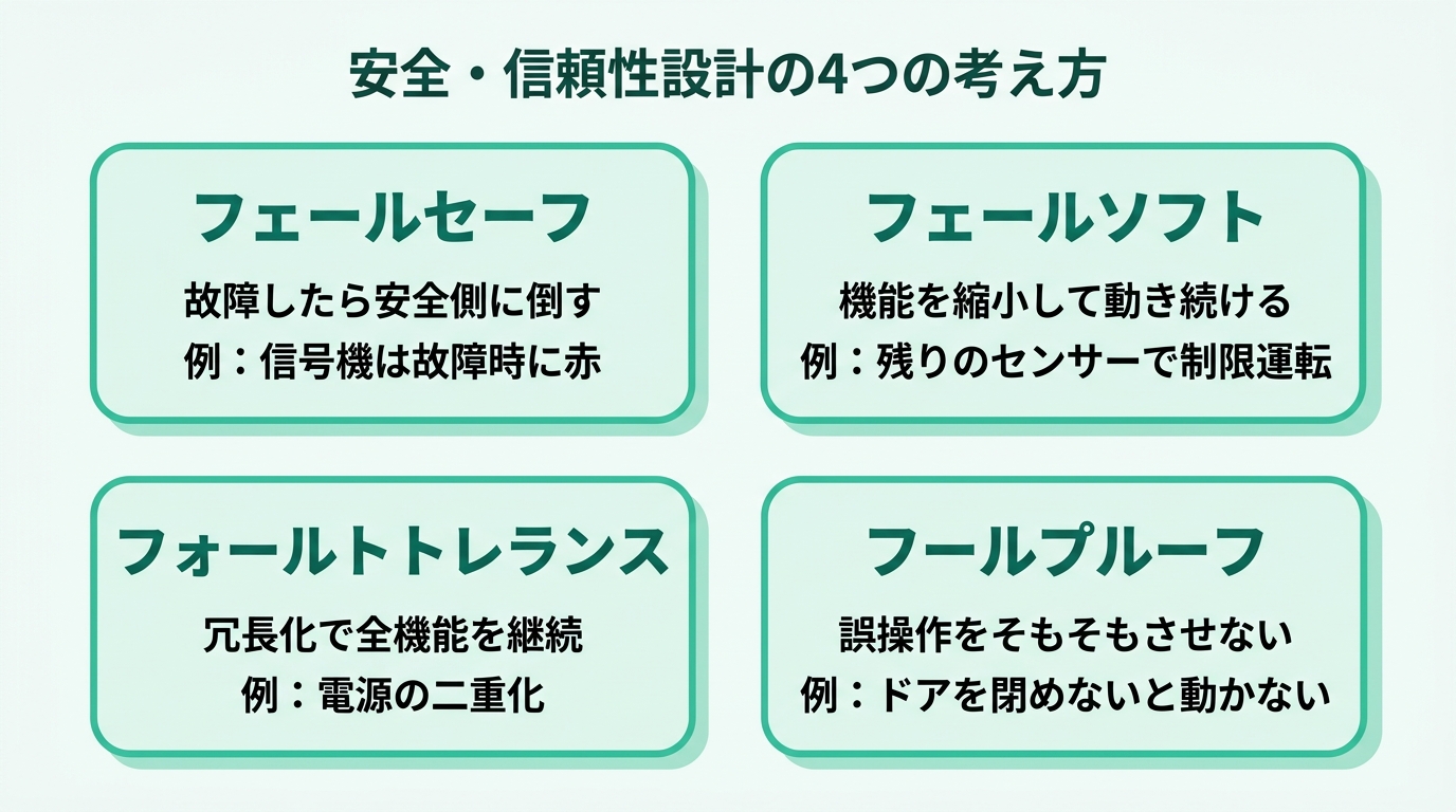 安全設計の4つの考え方。フェールセーフは故障したら安全側に倒す（信号機は故障時に赤）。フェールソフトは故障しても機能を縮小して動き続ける。フォールトトレランスは冗長化で故障しても全機能を続行。フールプルーフは誤操作をそもそもできなくする（ドアを閉めないと動かない電子レンジ）