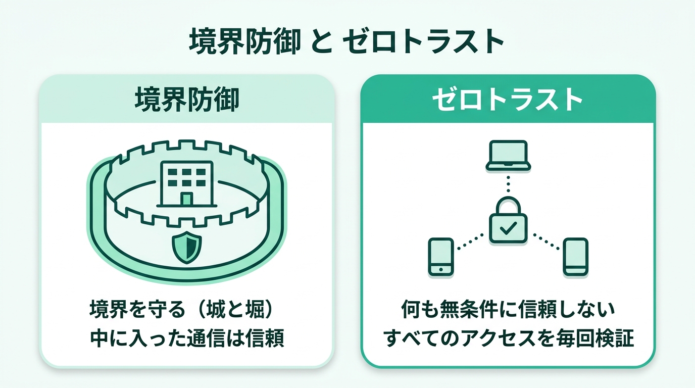 境界防御とゼロトラストの対比。境界防御は社内と社外の境界を守り、中に入った通信は信頼する（城と堀のモデル）。ゼロトラストは何も信頼せず、社内外を問わずすべてのアクセスを毎回検証する（利用者・端末・状況を確認してから許可）