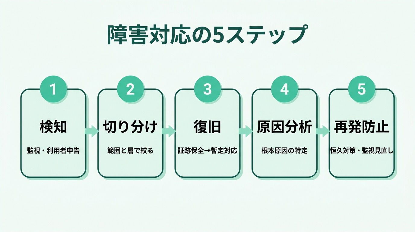 障害対応の5ステップ。検知（監視・利用者申告）、切り分け（影響範囲と障害箇所の特定）、復旧（暫定対応で業務を再開）、原因分析（証跡から根本原因を特定）、再発防止（恒久対策と手順・監視の見直し）