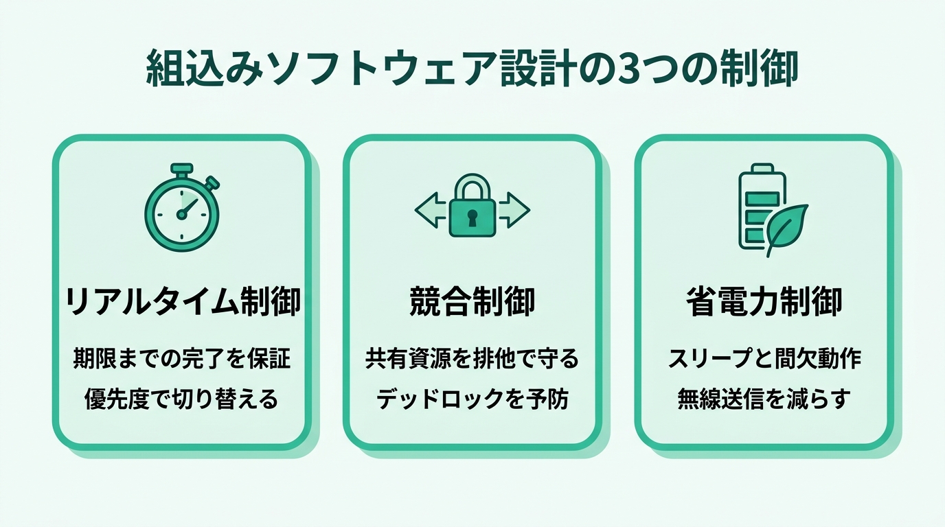 組込みソフトウェア設計の3つの制御。リアルタイム制御（期限までに処理を保証・優先度とスケジューリング）、競合制御（共有資源への同時アクセスを排他制御で守る）、省電力制御（スリープと間欠動作で電池を長持ちさせる）