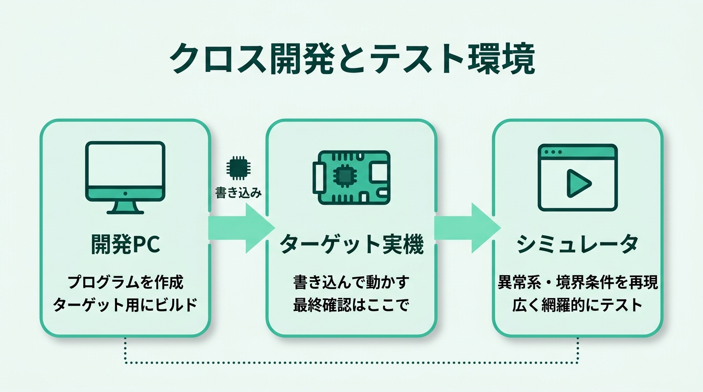 クロス開発とテスト環境の図。開発PCでプログラムを作成しビルドし、ターゲット実機（組込み機器）に書き込んで動かす。実機での確認とあわせて、シミュレータでセンサー入力や異常条件を再現してテストする