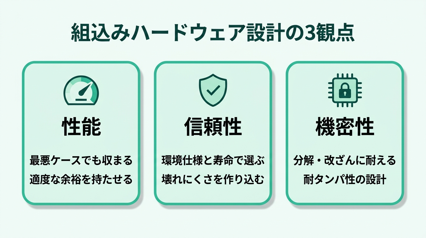 組込みハードウェア設計の3観点。性能（処理能力・応答・処理の余裕）、信頼性（部品の品質と環境耐性・寿命設計）、機密性（分解や改ざんへの耐性＝耐タンパ性・デバッグ端子の保護）