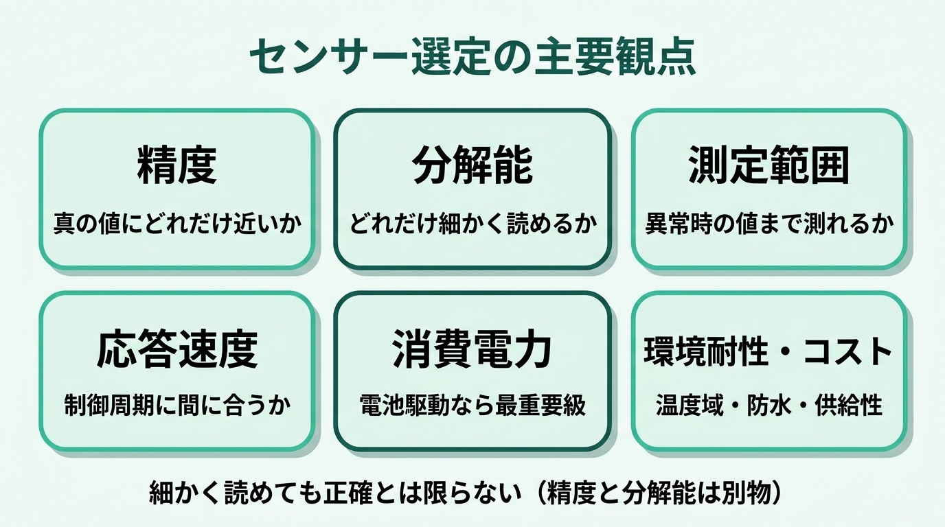 センサー選定の主要観点。精度（真の値にどれだけ近いか）、分解能（どれだけ細かく読み取れるか）、測定範囲、応答速度、消費電力、環境耐性とコスト。精度と分解能は別物で、細かく表示できても正確とは限らない