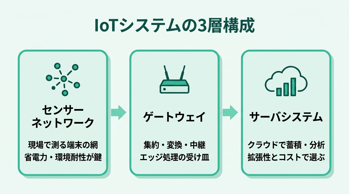 IoTシステムの3層構成。センサーネットワーク（多数のセンサー端末が近距離無線でつながる現場の層）、ゲートウェイ（端末のデータを集約しプロトコルを変換してインターネットへ中継、エッジ処理も担う）、サーバシステム（クラウドでデータを蓄積・分析・可視化する層）