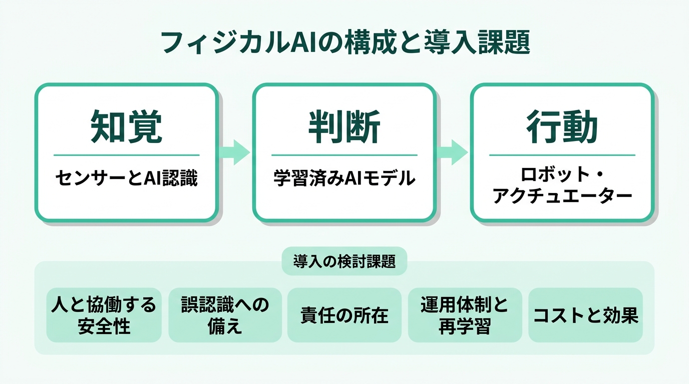 フィジカルAIの構成と導入課題。構成は知覚（センサーとAI認識）→判断（学習済みAIモデル）→行動（ロボット・アクチュエーター）。導入課題は人と協働する安全性、AIの誤認識への備え、責任の所在、運用体制と再学習、コストと効果