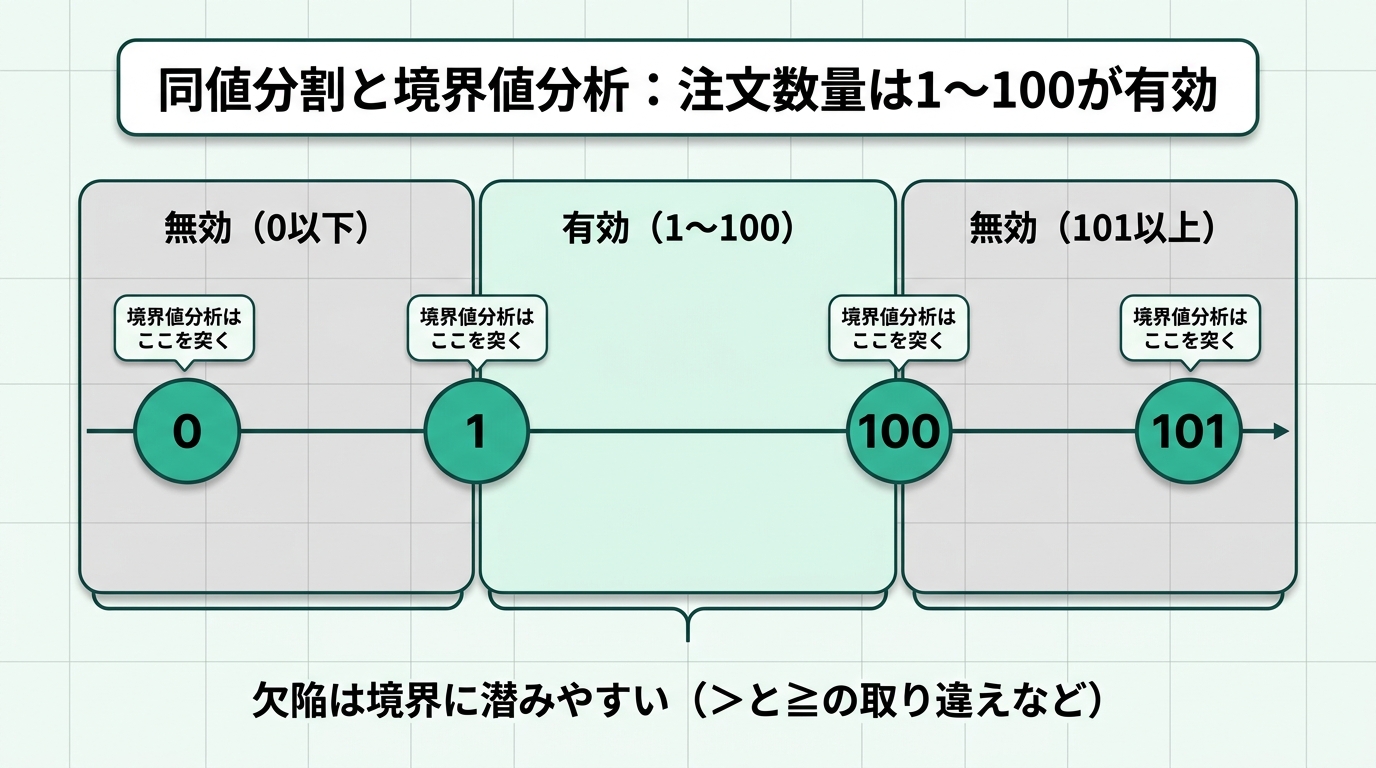 同値分割と境界値分析の例。仕様は注文数量1から100が有効。同値分割では無効（0以下）・有効（1〜100）・無効（101以上）の3グループから代表値を1つずつ選ぶ。境界値分析では境界の前後である0、1、100、101を重点的にテストする。欠陥は境界に潜みやすい