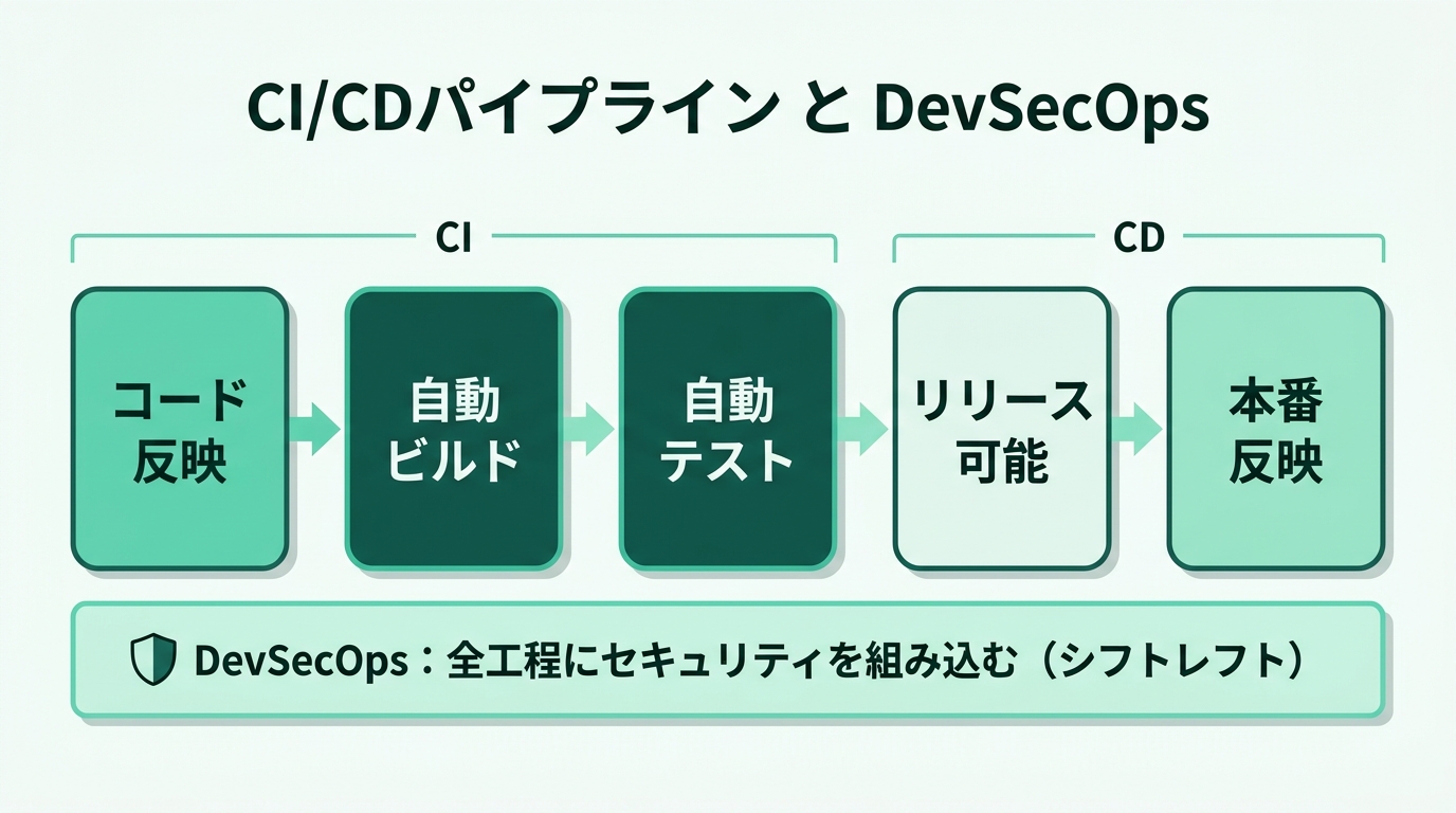CI/CDパイプラインの流れ。コード反映→自動ビルド→自動テスト→リリース可能な状態→本番反映。DevSecOpsではこの全工程にセキュリティ検査を組み込み、企画・設計の段階から対策する（シフトレフト）
