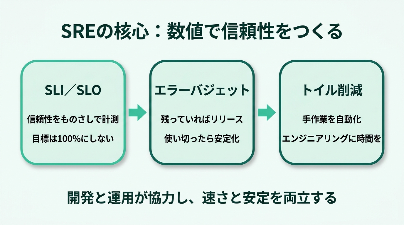 SREの核心3点。SLI/SLO（信頼性を数値で計測し目標を決める。100%は目指さない）、エラーバジェット（SLOまでの許容量を予算として使い、残っていれば新機能リリース、使い切ったら安定化を優先）、トイル削減（繰り返しの手作業を自動化してエンジニアリングに時間を使う）