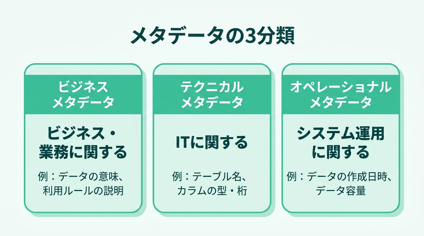 メタデータの3分類。ビジネスメタデータ（データの意味・利用ルール）、テクニカルメタデータ（テーブル名・カラムの型桁）、オペレーショナルメタデータ（作成日時・データ容量）