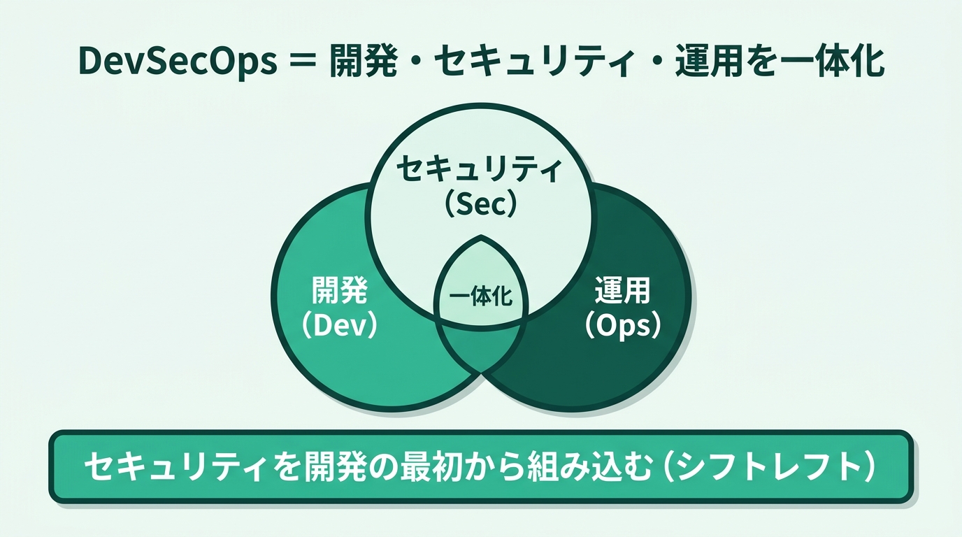 DevSecOpsは開発（Dev）・セキュリティ（Sec）・運用（Ops）を一体化し、セキュリティを開発の最初から組み込む（シフトレフト）考え方