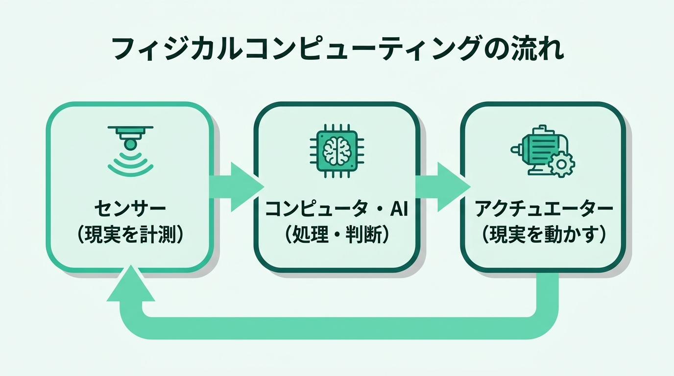 フィジカルコンピューティングの流れ。センサーで現実世界の情報を取得し、コンピューター（AI含む）で処理・判断し、アクチュエーターで現実世界に動作させるループ