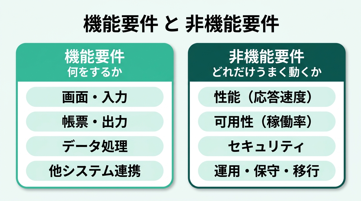 機能要件と非機能要件の違い。機能要件はシステムが何をするか（画面・帳票・データ処理・連携）。非機能要件はどれだけうまく動くか（性能・可用性・セキュリティ・運用保守・移行）