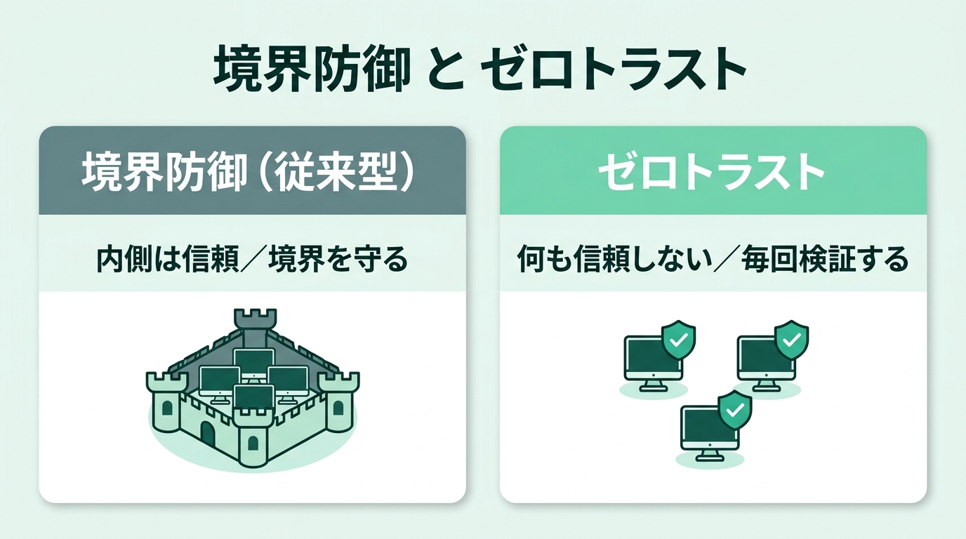 境界防御とゼロトラストの違い。境界防御は社内ネットワークの内側を信頼し外側との境界を守る。ゼロトラストは社内外を問わず何も信頼せず、アクセスのたびに検証する
