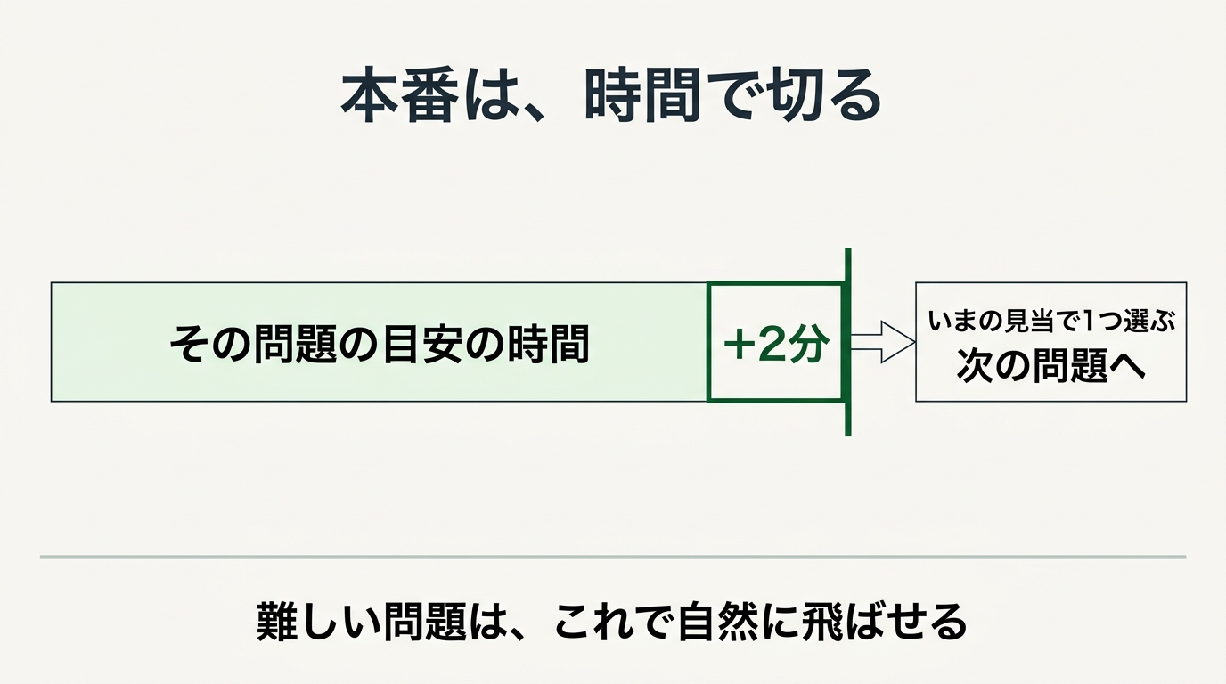 その問題の目安の時間を2分超えたら、いまの見当で1つ選んで次の問題へ進む